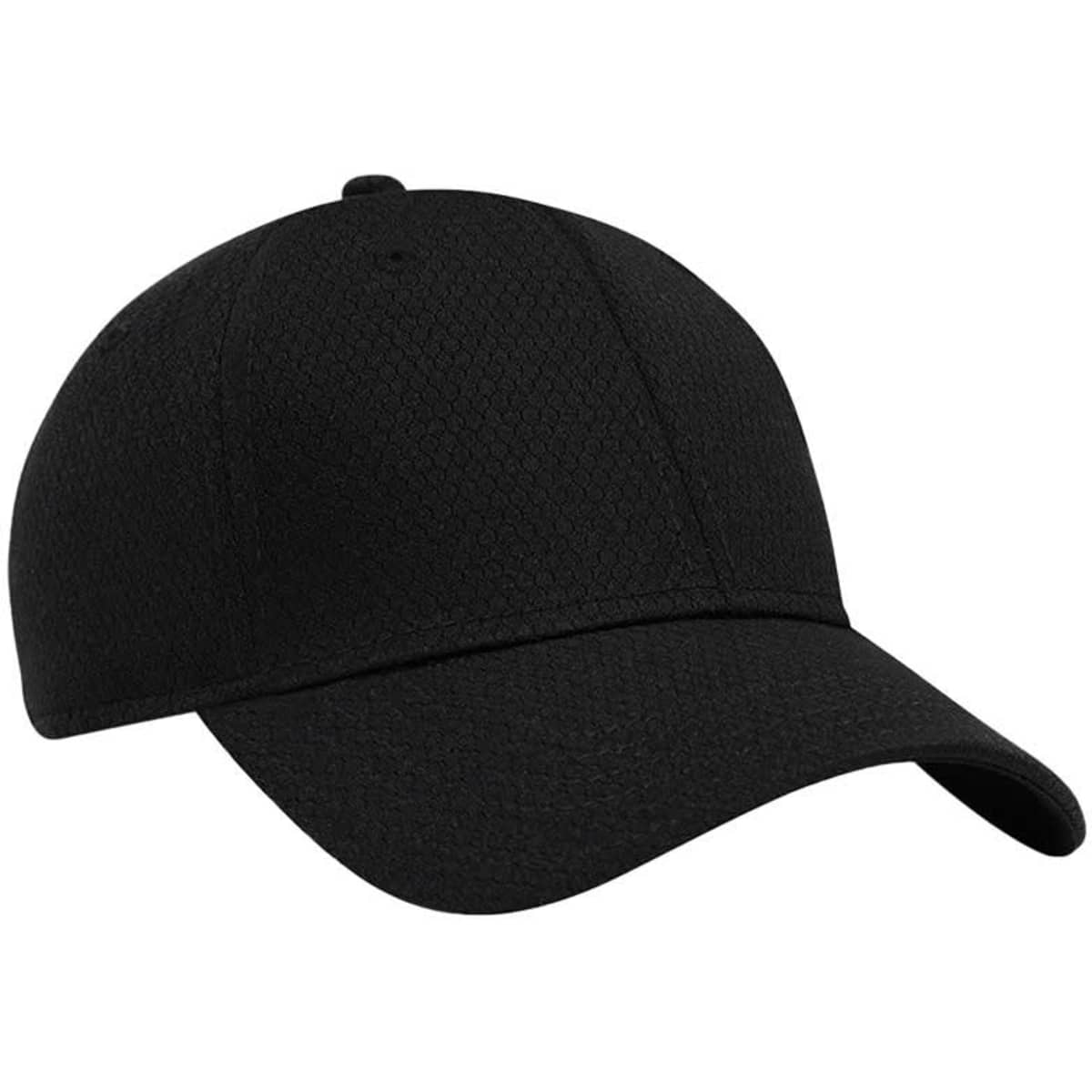 A black cap featuring a textured design and a rounded peak, with a logo on the front.