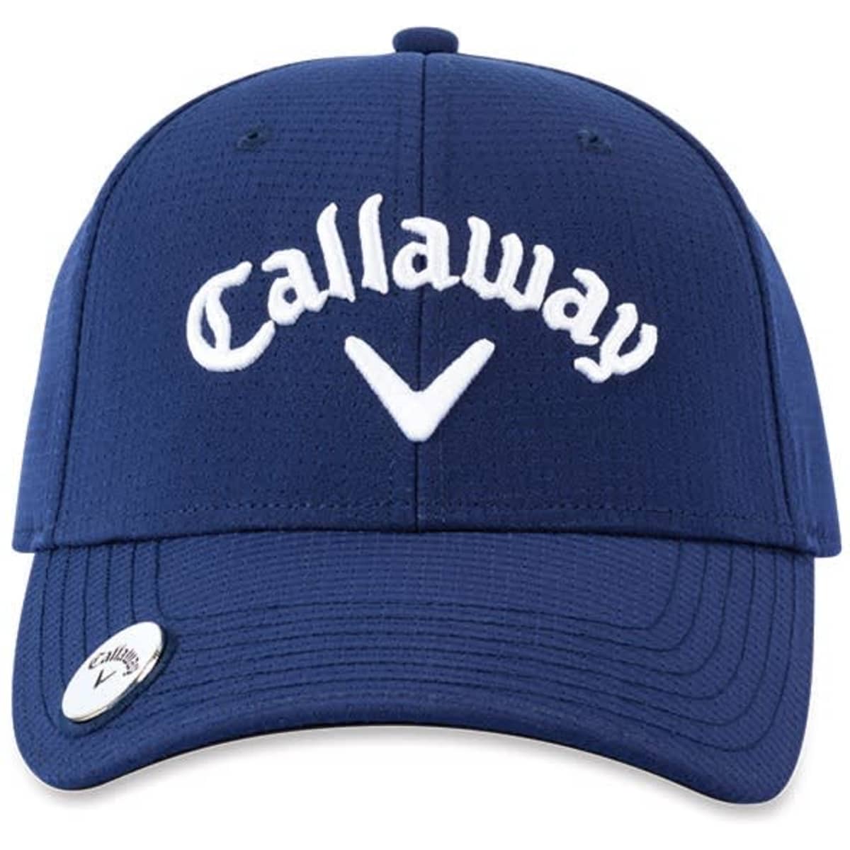 A navy cap with a logo and embroidered detailing on the front. Features a curved brim and adjustable back.