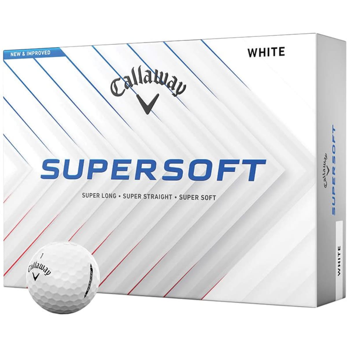 A box containing three white Callaway Supersoft golf balls, featuring a branding logo on the packaging.