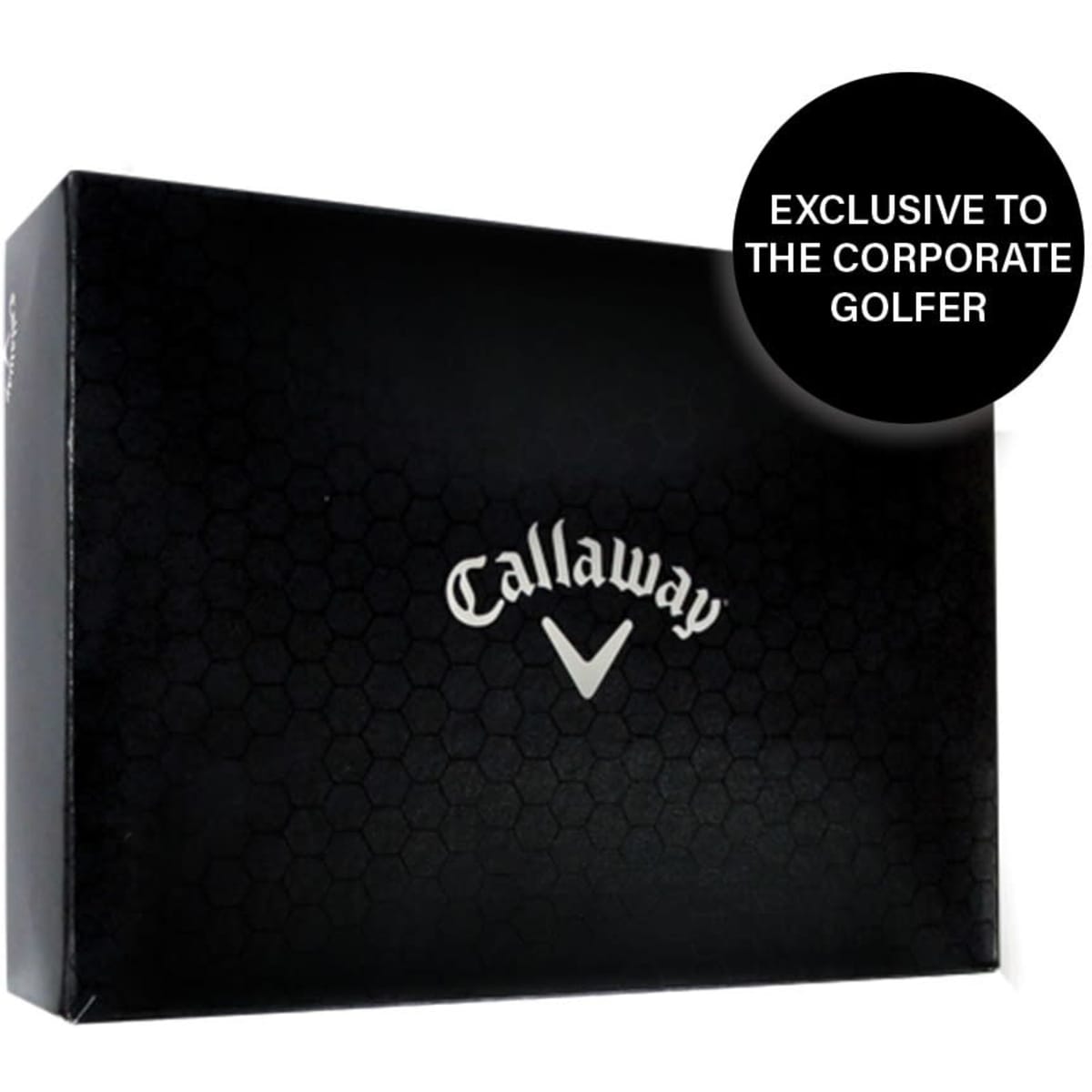 A black box with a logo, containing Callaway Warbird golf balls. Box features a hexagonal pattern.