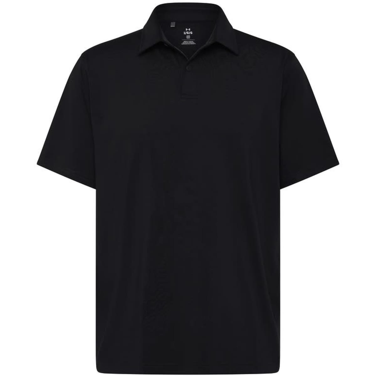 A men’s black polo shirt with a collar and short sleeves, featuring a logo on the chest.