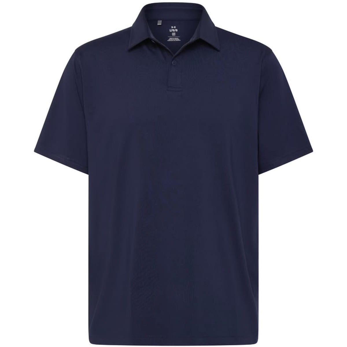 A navy men's polo shirt featuring a collar and short sleeves, with a logo on the chest.