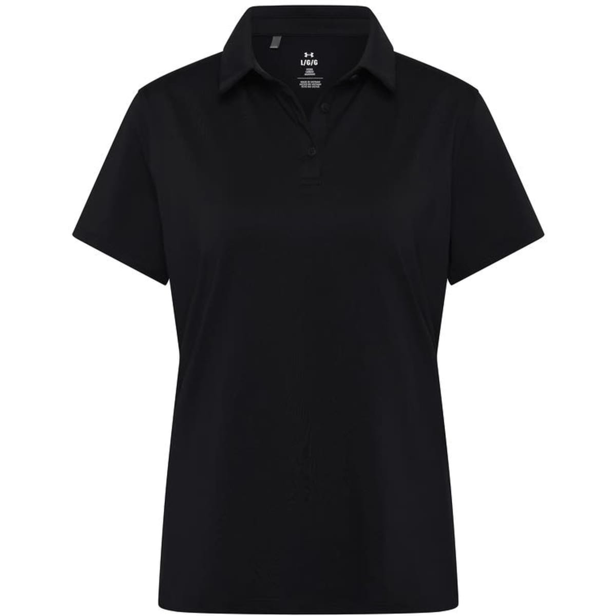 A women's black polo shirt with a collar and short sleeves, featuring a logo on the chest.