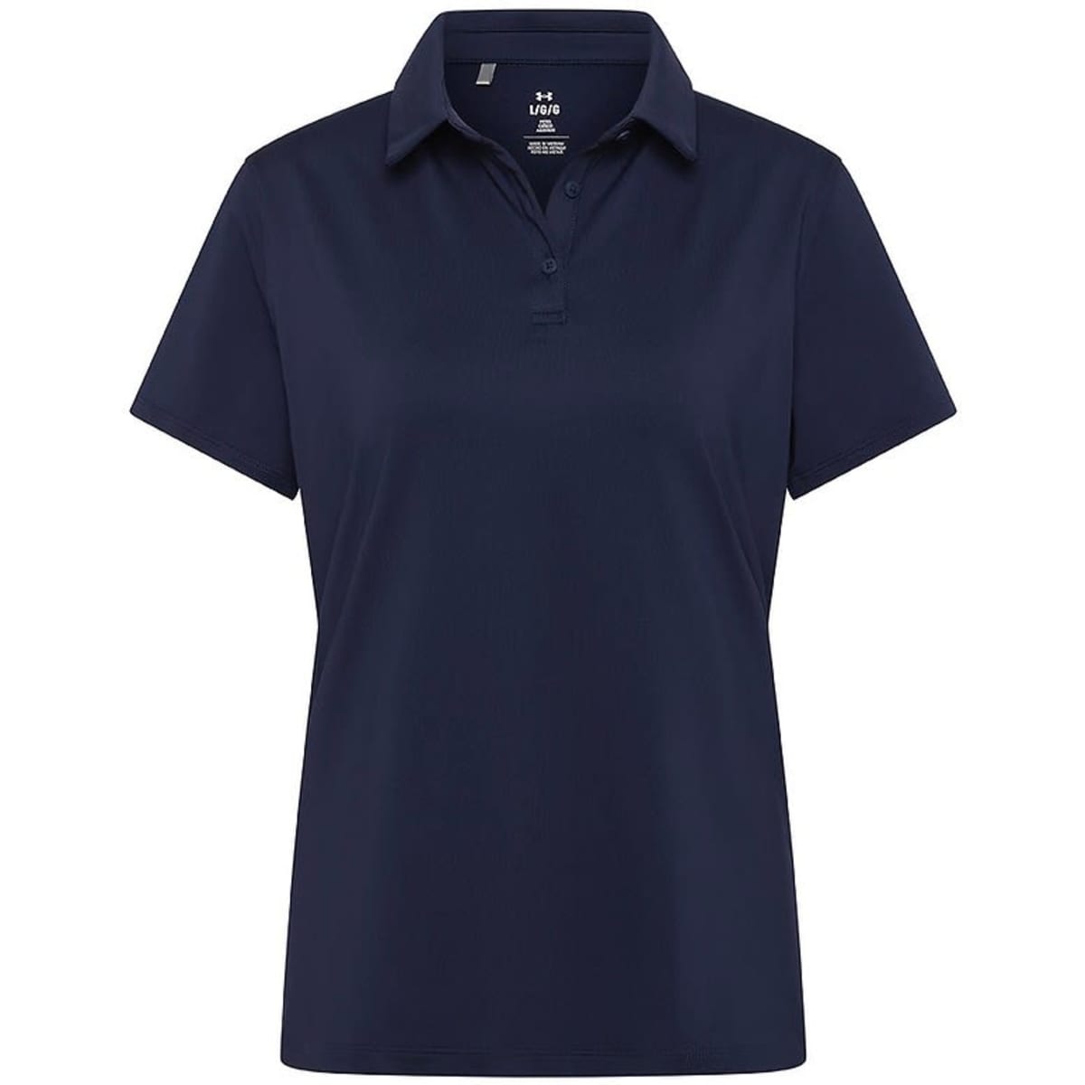 A navy blue polo shirt with a collar and short sleeves. The shirt features a logo on the chest.