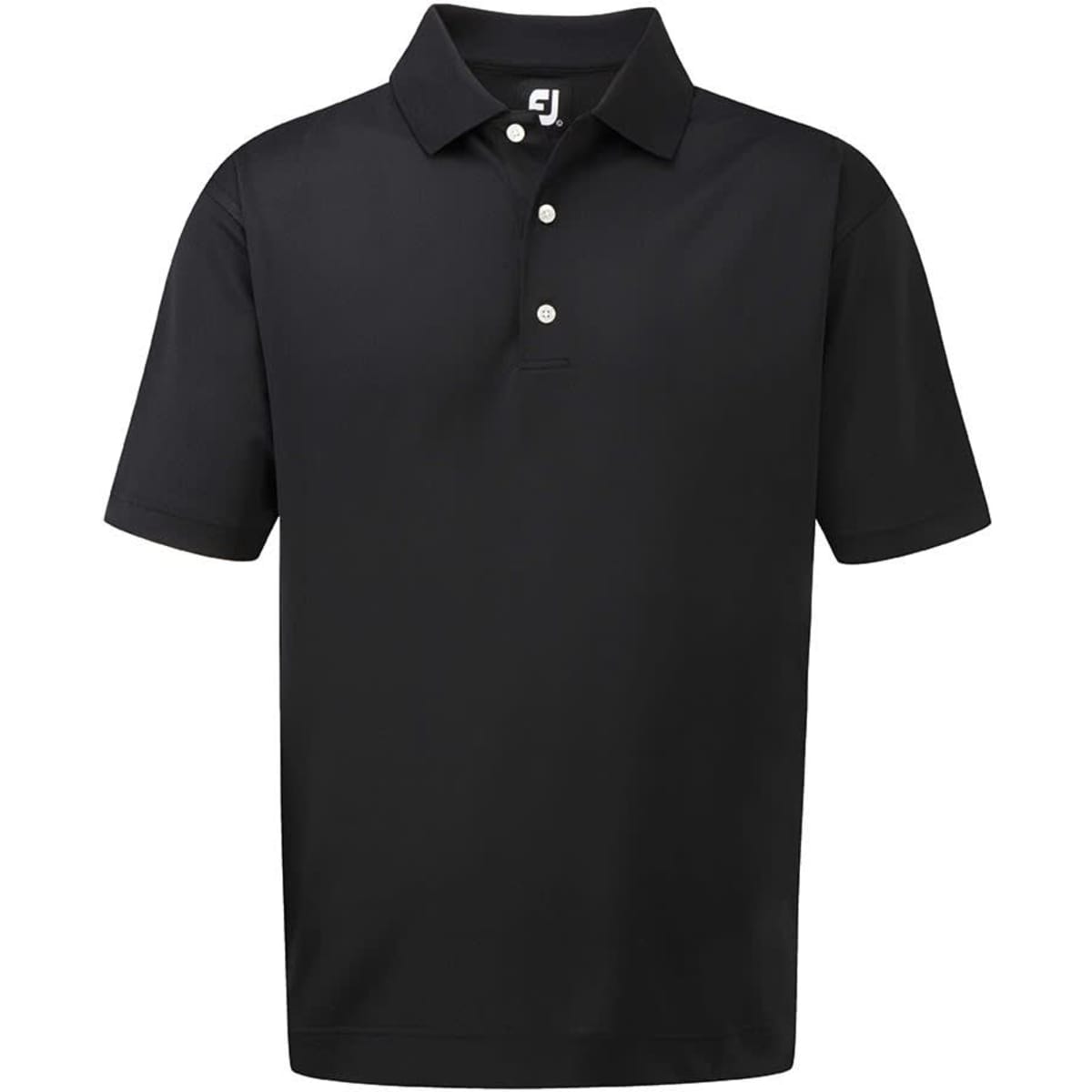A black men's polo shirt with a collar and three buttons, featuring a logo on the upper left.