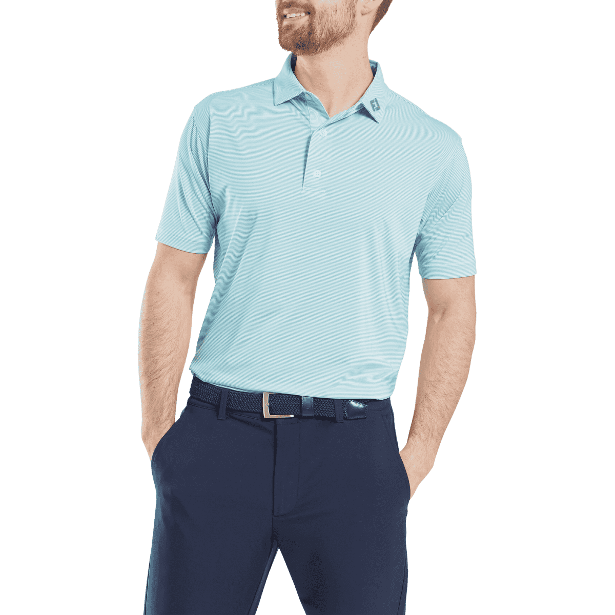A light blue men's polo shirt with a collar, featuring a small logo, paired with dark trousers.