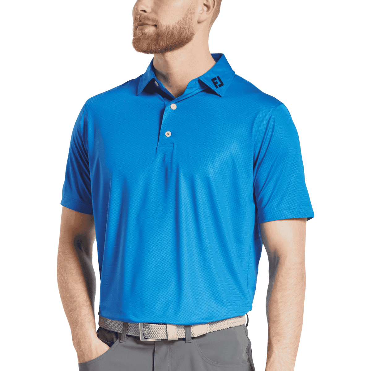 A men's blue polo shirt featuring a tonal dot print and a logo on the collar.