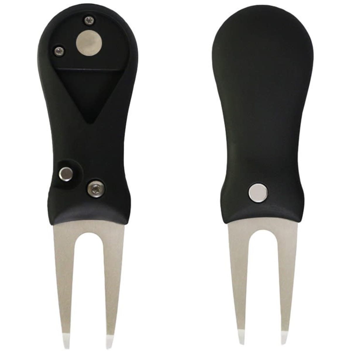 A black golf pitch repairer with a 25mm ball marker, featuring two prongs and a logo.
