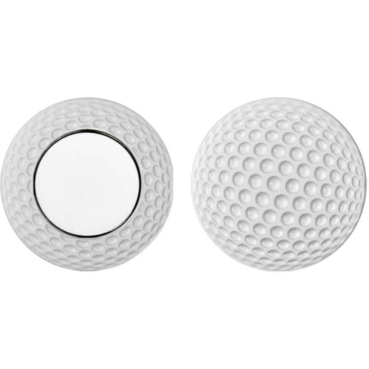 A white poker chip ball marker featuring a textured surface resembling a golf ball. It has a circular area for marking.