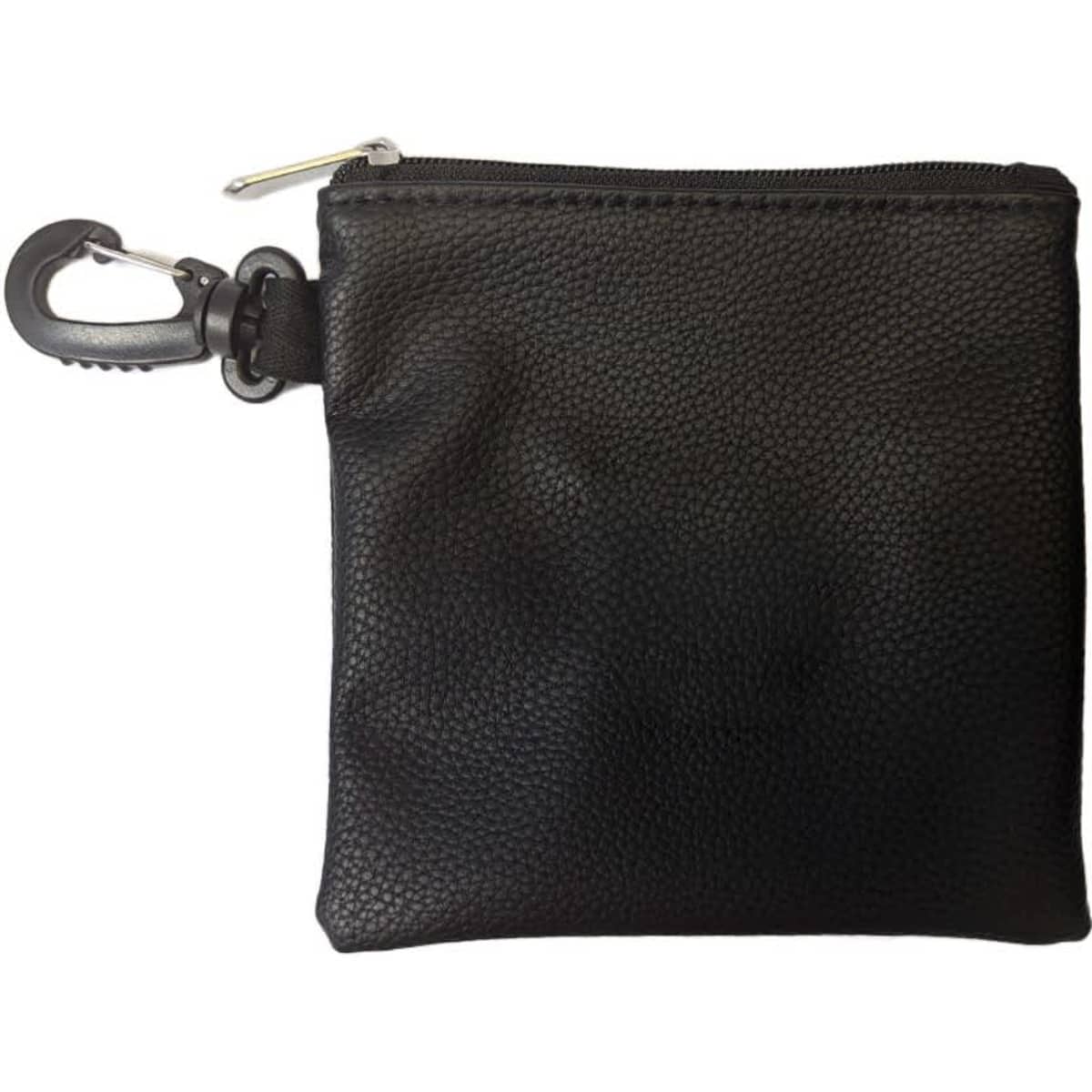 A black leather drawstring pouch with a clip, featuring a textured surface and a zip closure.