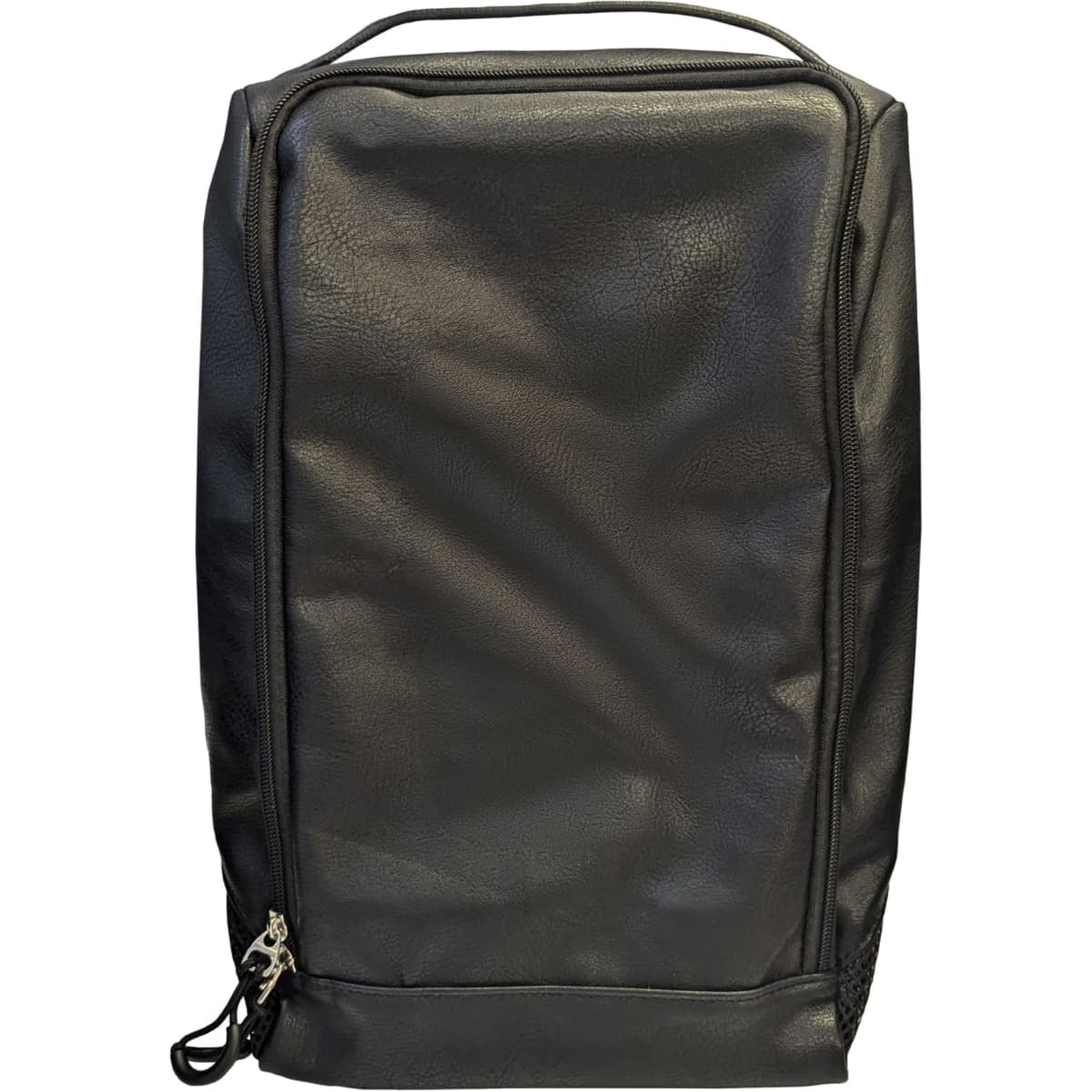 A black premium PU leather shoe bag with a zip closure and branding opportunity available.