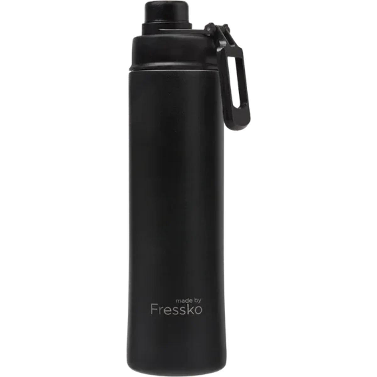 A drink bottle in matte black stainless steel, featuring a screw top and a carry handle. It includes branding on the body.