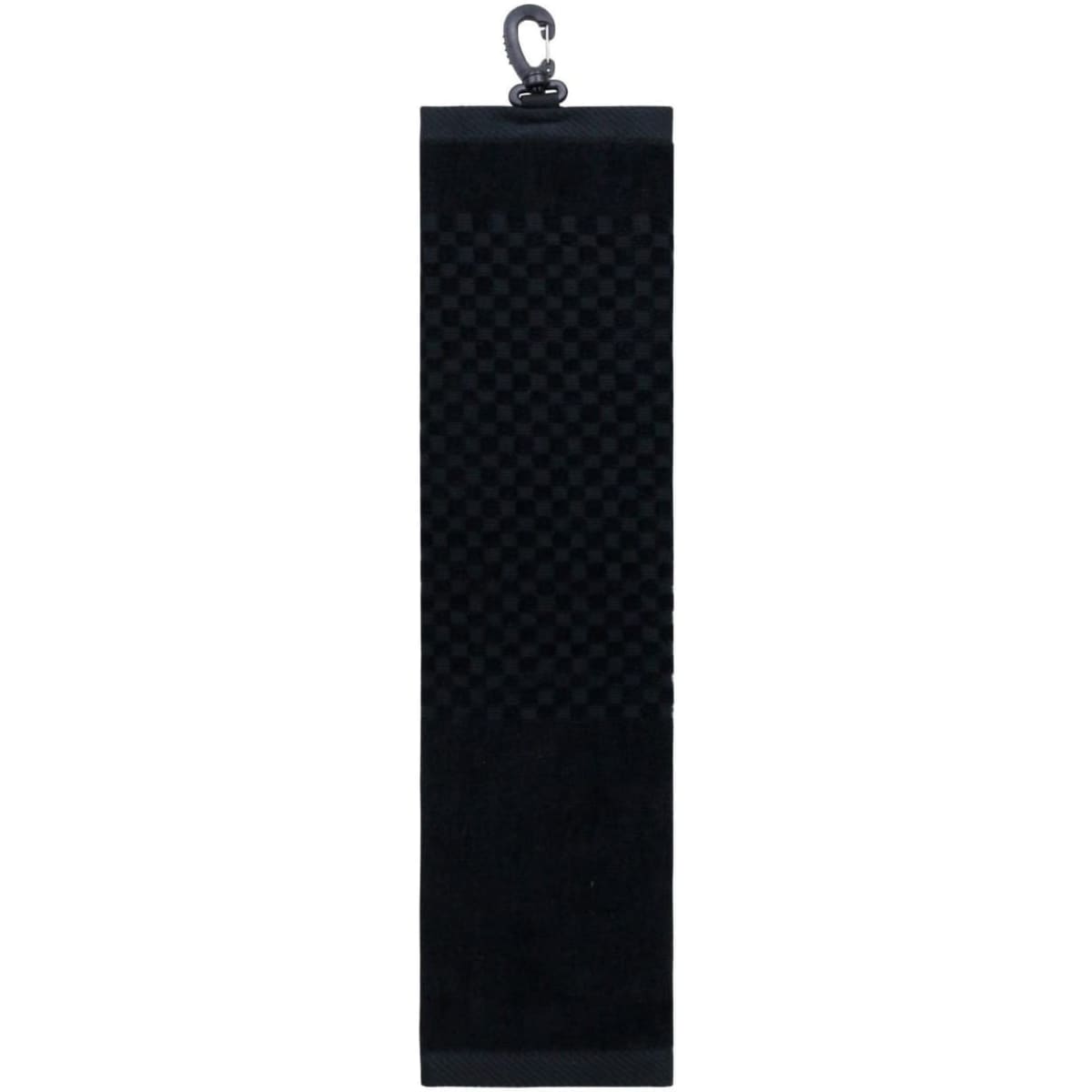 A black luxury tri-fold towel with a hook for hanging, featuring a textured pattern.