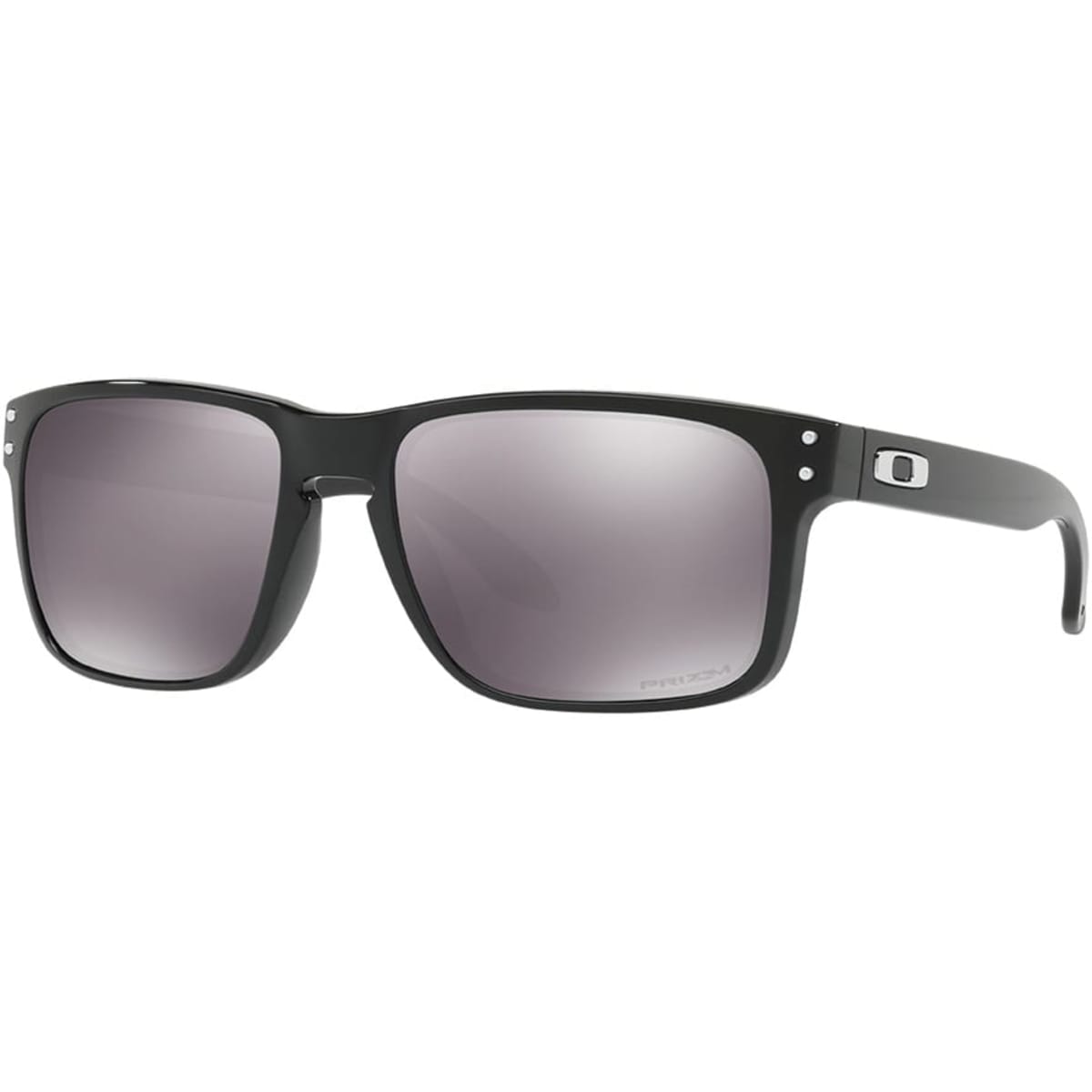 A pair of polished black sunglasses with Prizm black lenses, featuring a logo on the side.