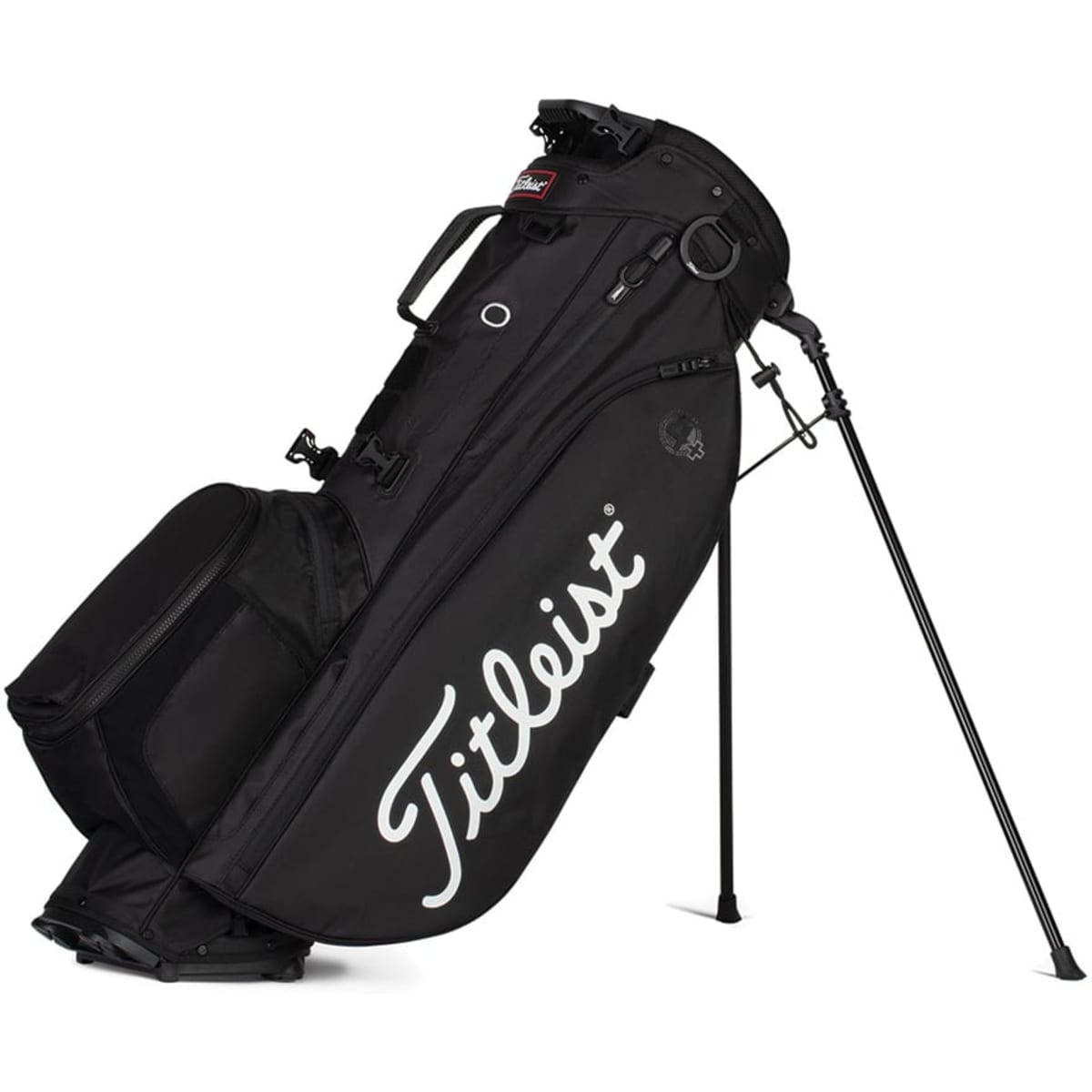 A black stand bag featuring a logo, designed for golf with adjustable legs and multiple compartments.