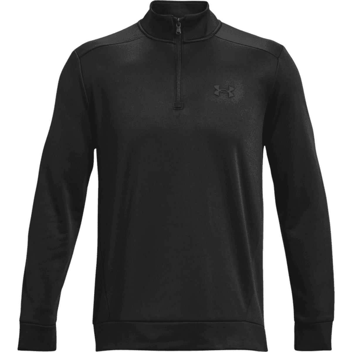 A black fleece 1/4 zip top for men, featuring a smooth finish and a logo on the chest.