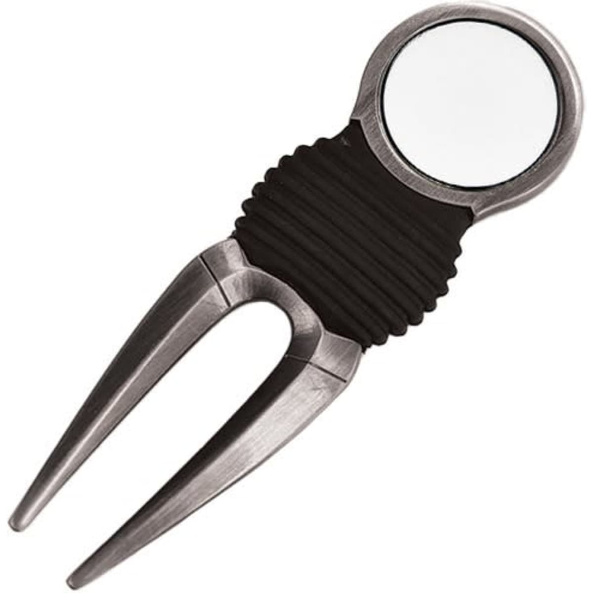 A golf pitch repairer with a black rubber grip and a 25mm circular ball marker. It has a metallic finish.