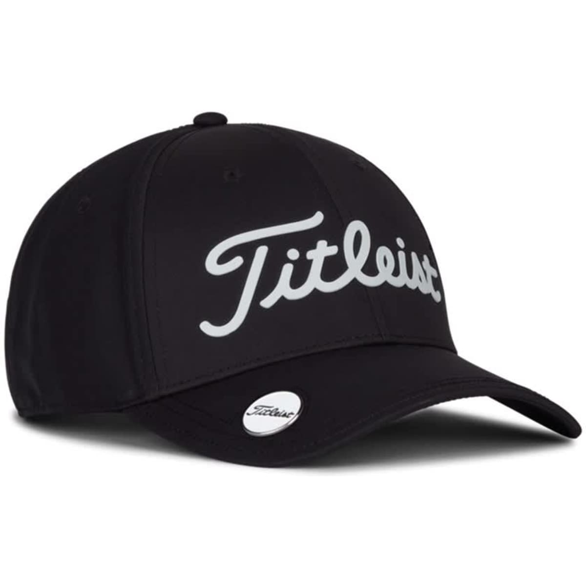 A black cap featuring a prominent logo and a sleek design, ideal for golf enthusiasts.