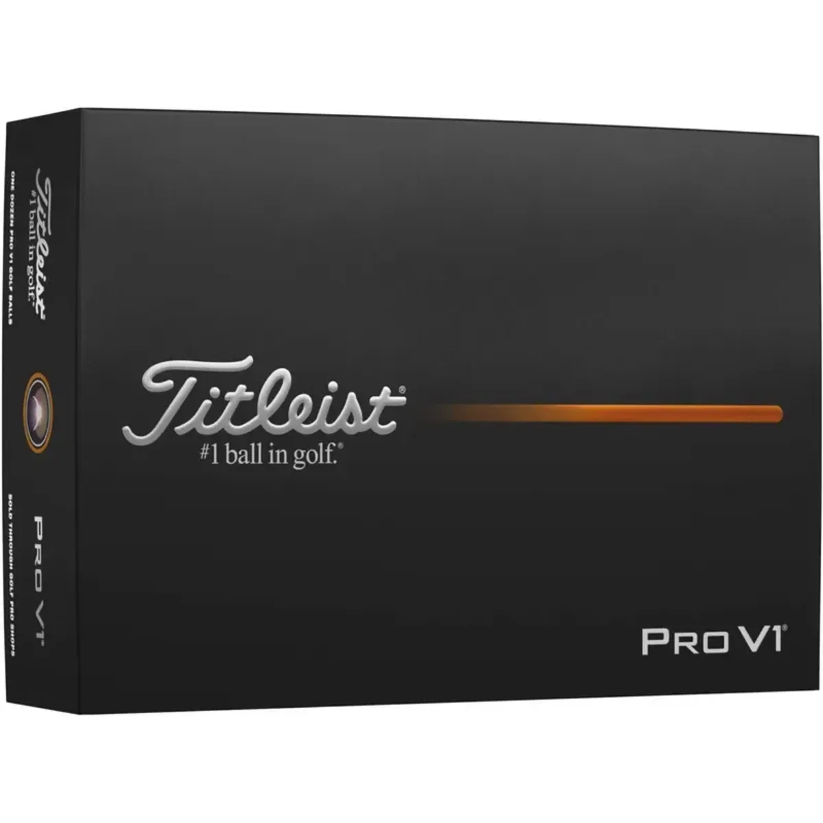 A black box containing three Titleist Pro V1 golf balls, featuring a logo and a sleek design.