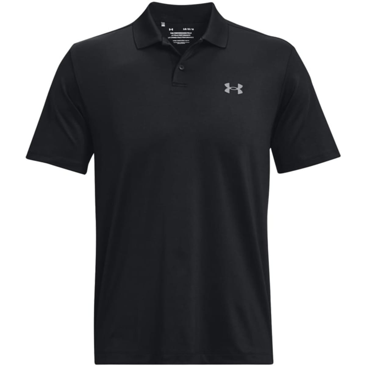 A black polo shirt featuring a logo on the chest. Designed for men's performance wear.