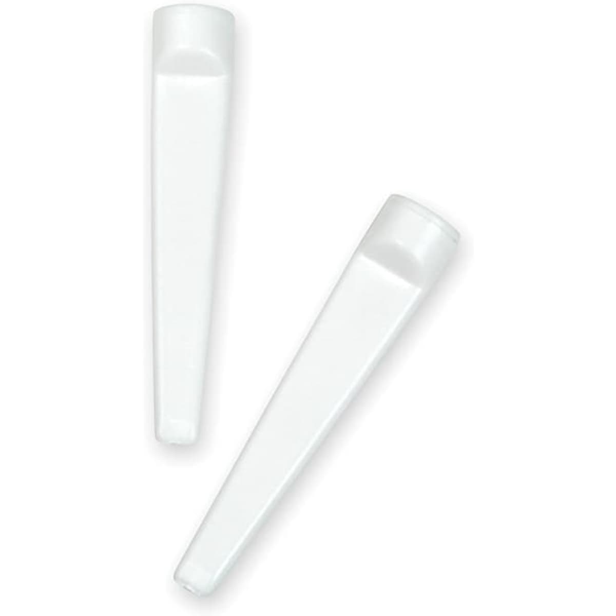 Two white golf tees with a wedge design, featuring a smooth finish and a rounded top.
