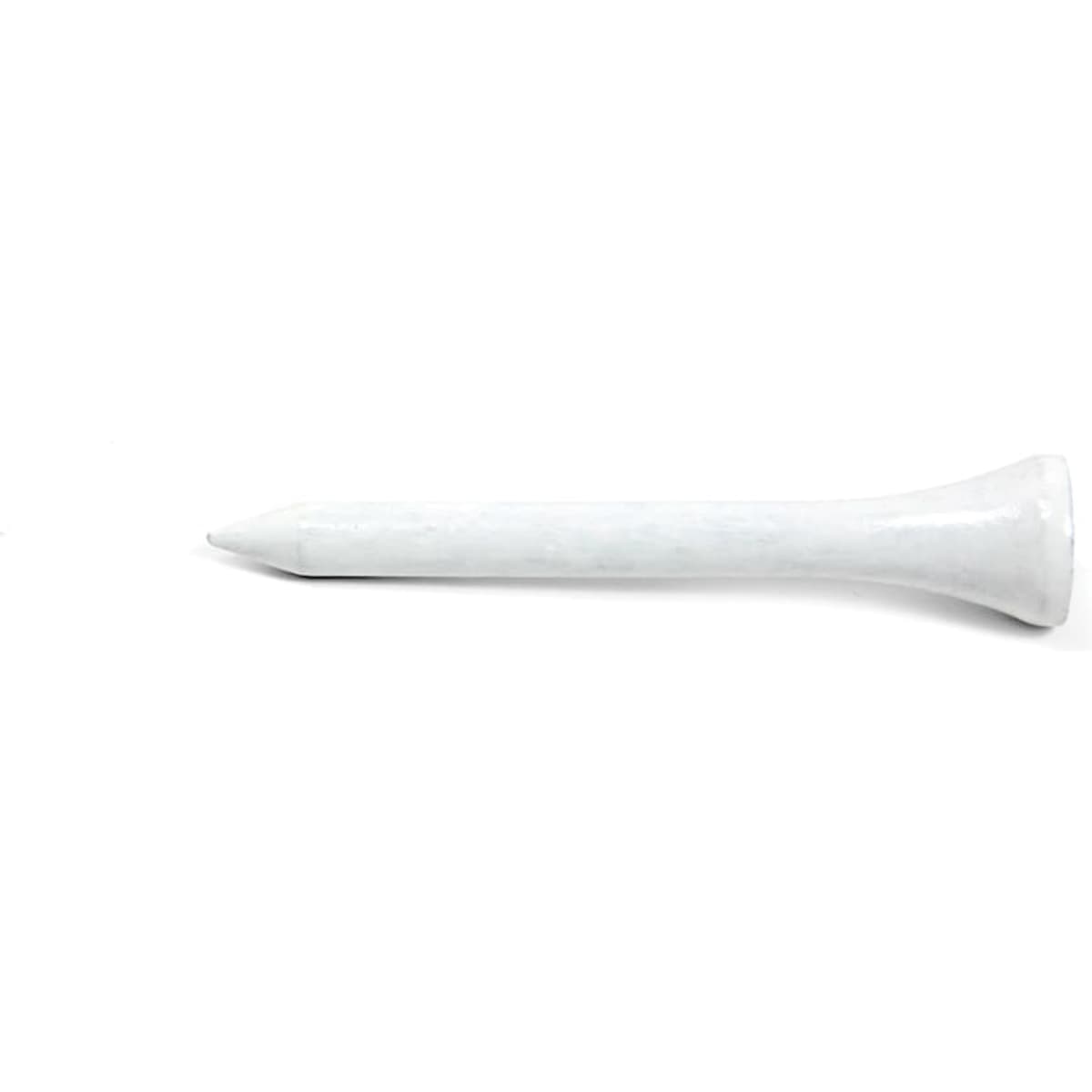 A white wooden golf tee measuring 70mm, featuring a round base and a tapered top. It has a logo on the side.