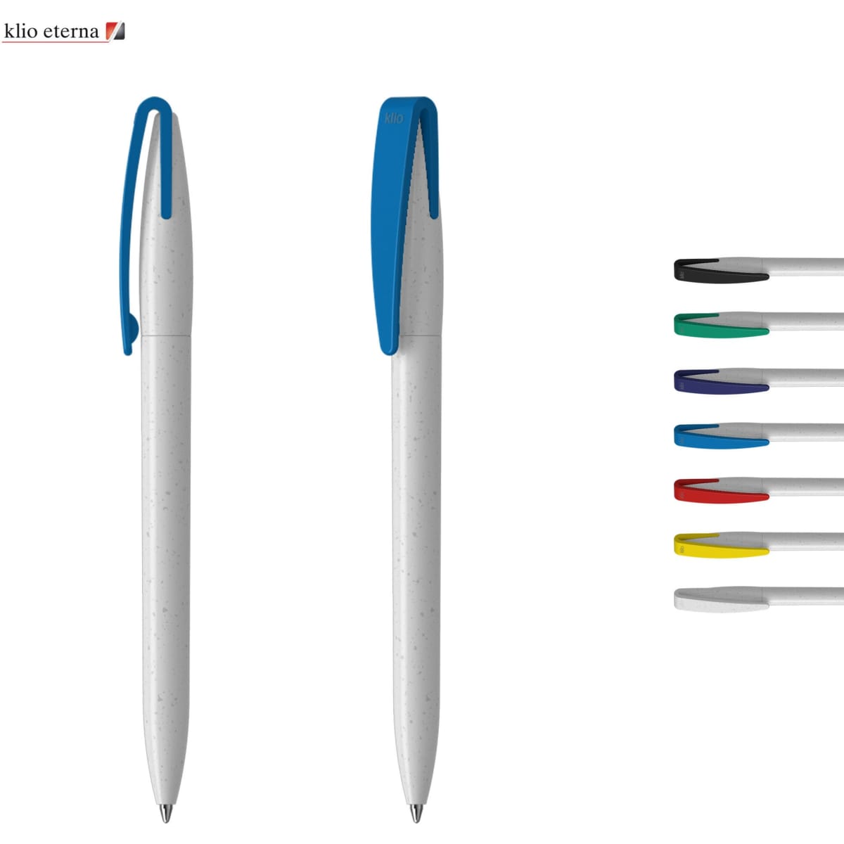 A plastic pen in grey with a blue clip, alongside a selection of ink colours: black, blue, green, red, purple, and yellow.