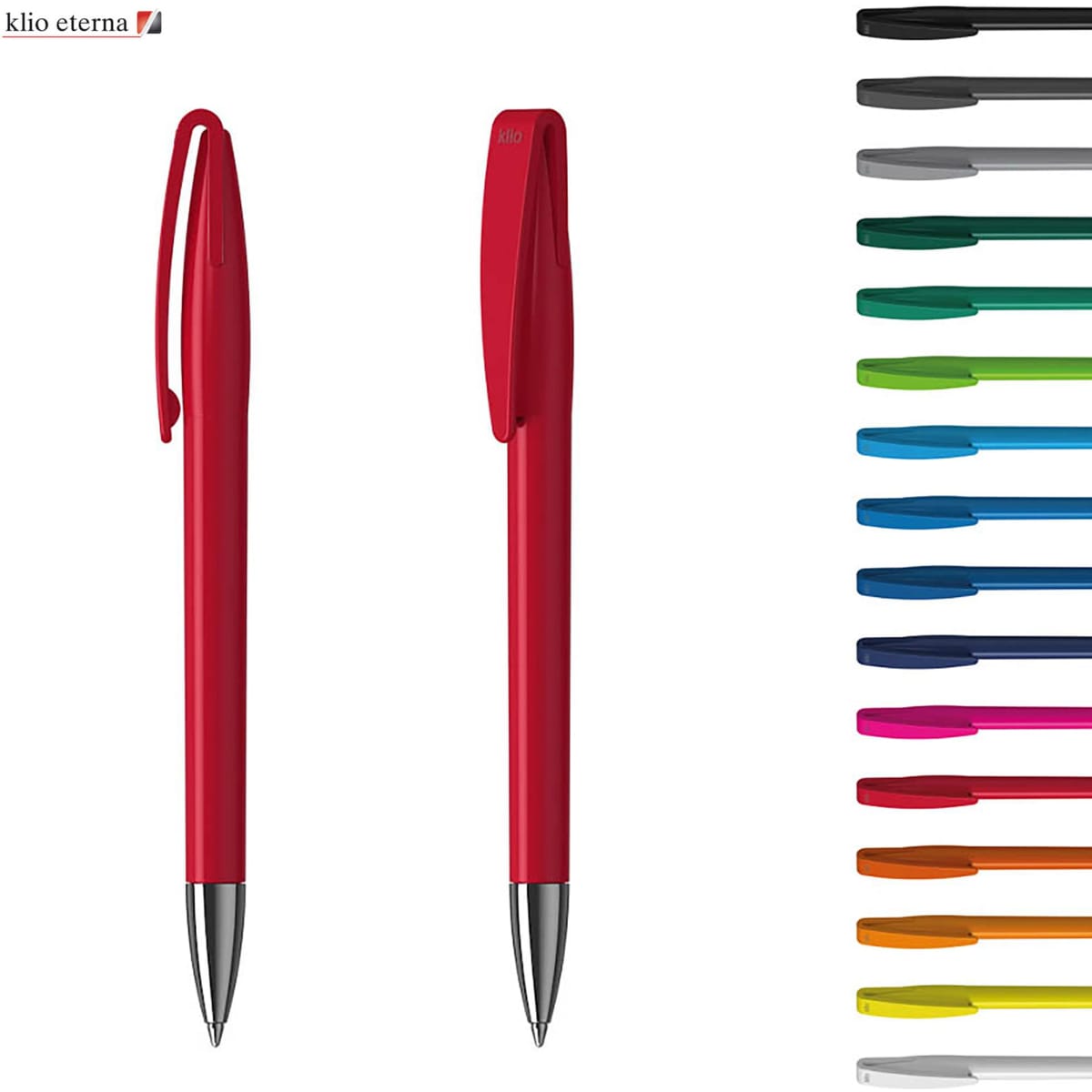 A metal pen in vibrant red with a sleek design, featuring a clip and a shiny silver tip. The image includes various colour options.