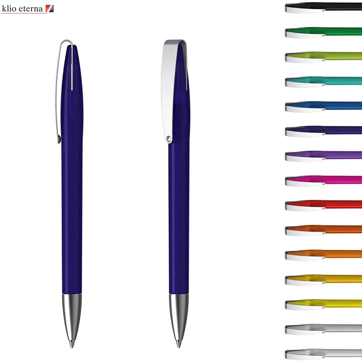 A metal pen in navy blue with a silver clip, displayed alongside a variety of colourful writing options.