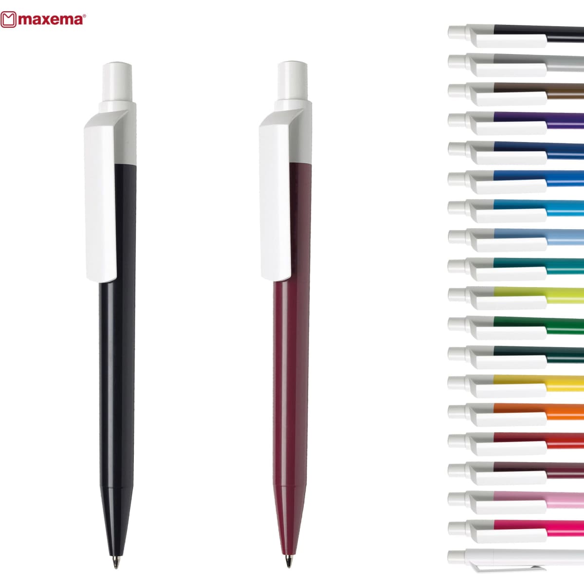 A set of plastic pens in black and burgundy, alongside a variety of other coloured pen options. Each pen has a clip and a logo.