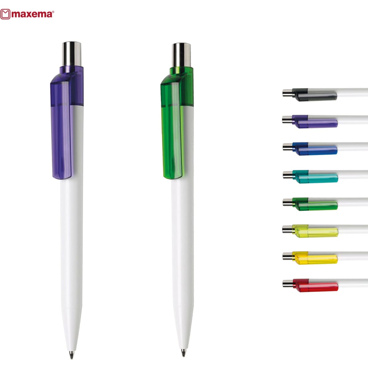 A plastic pen featuring a white barrel with a purple and green clip, alongside multiple colour variations. Branding included.