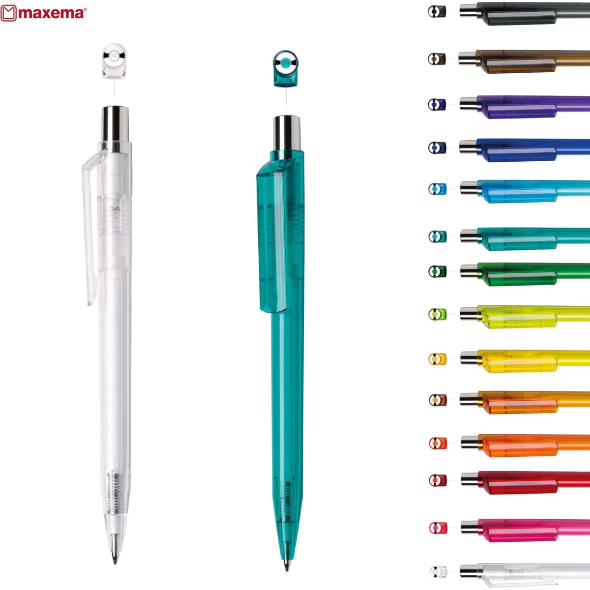 Two plastic pens, one clear and one green, alongside a range of colourful pen options. Each pen features a logo.
