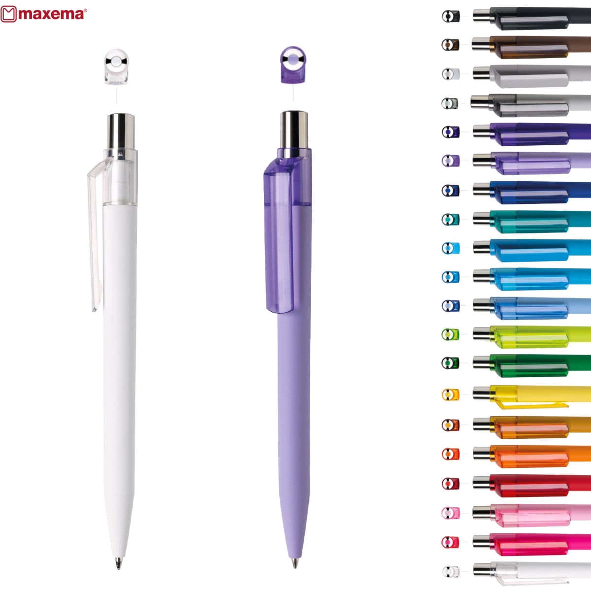 A collection of plastic pens in various colours, including white and purple, with a logo on the upper left.