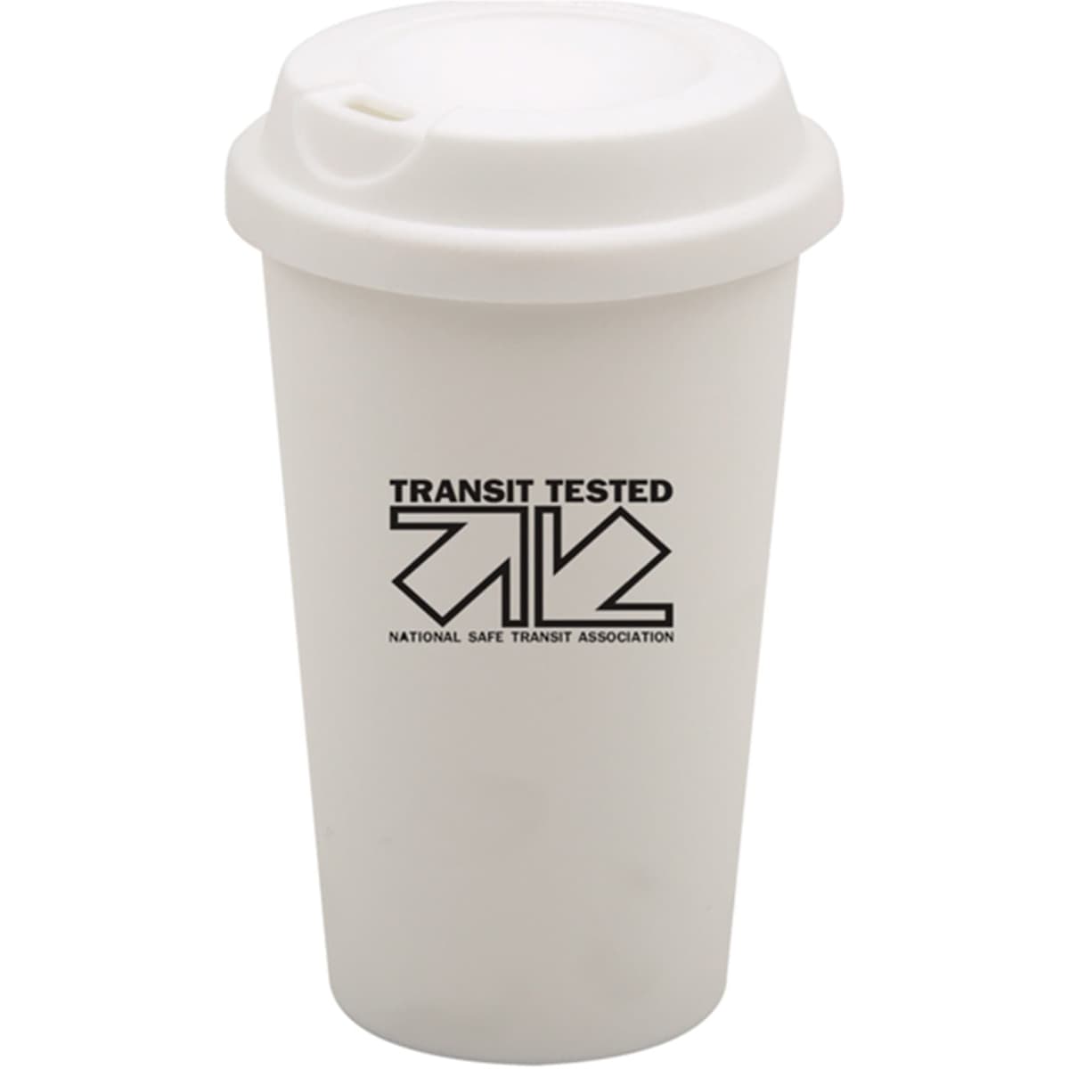 A white cup with a lid featuring a logo on the front. Ideal for various beverages.