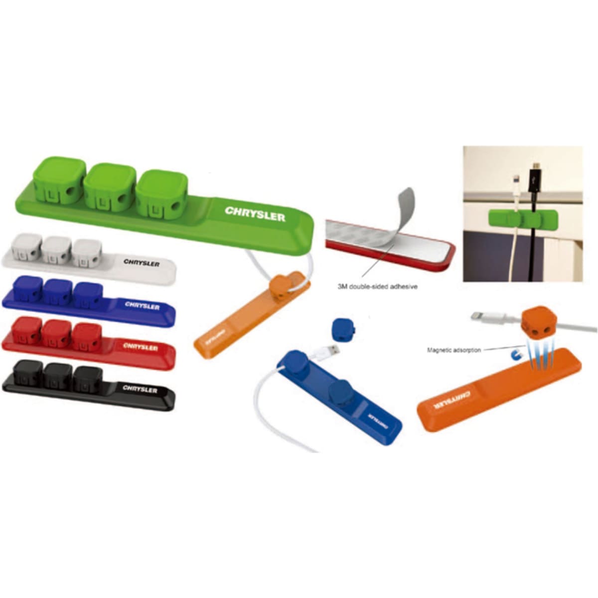 A cable organiser set in various colours including green, blue, orange, black, and red, featuring magnetic and adhesive elements.