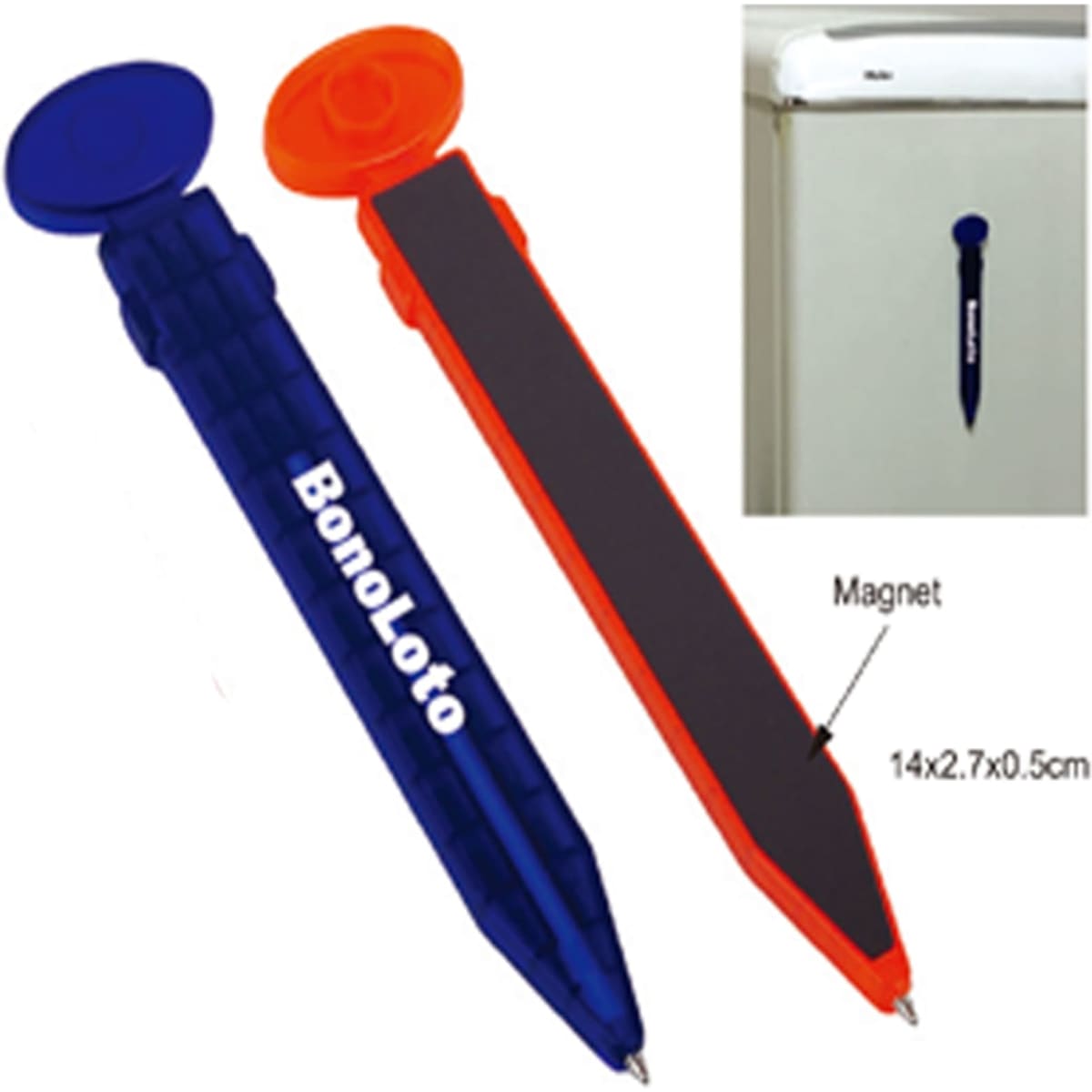 A blue and orange ball pen with a magnet attached, featuring a logo and a flat, rectangular design.