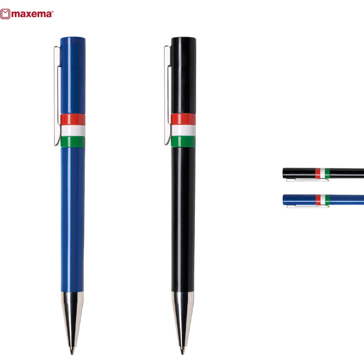 Two plastic pens in blue and black, featuring a logo and decorative stripes in green, white, and red.