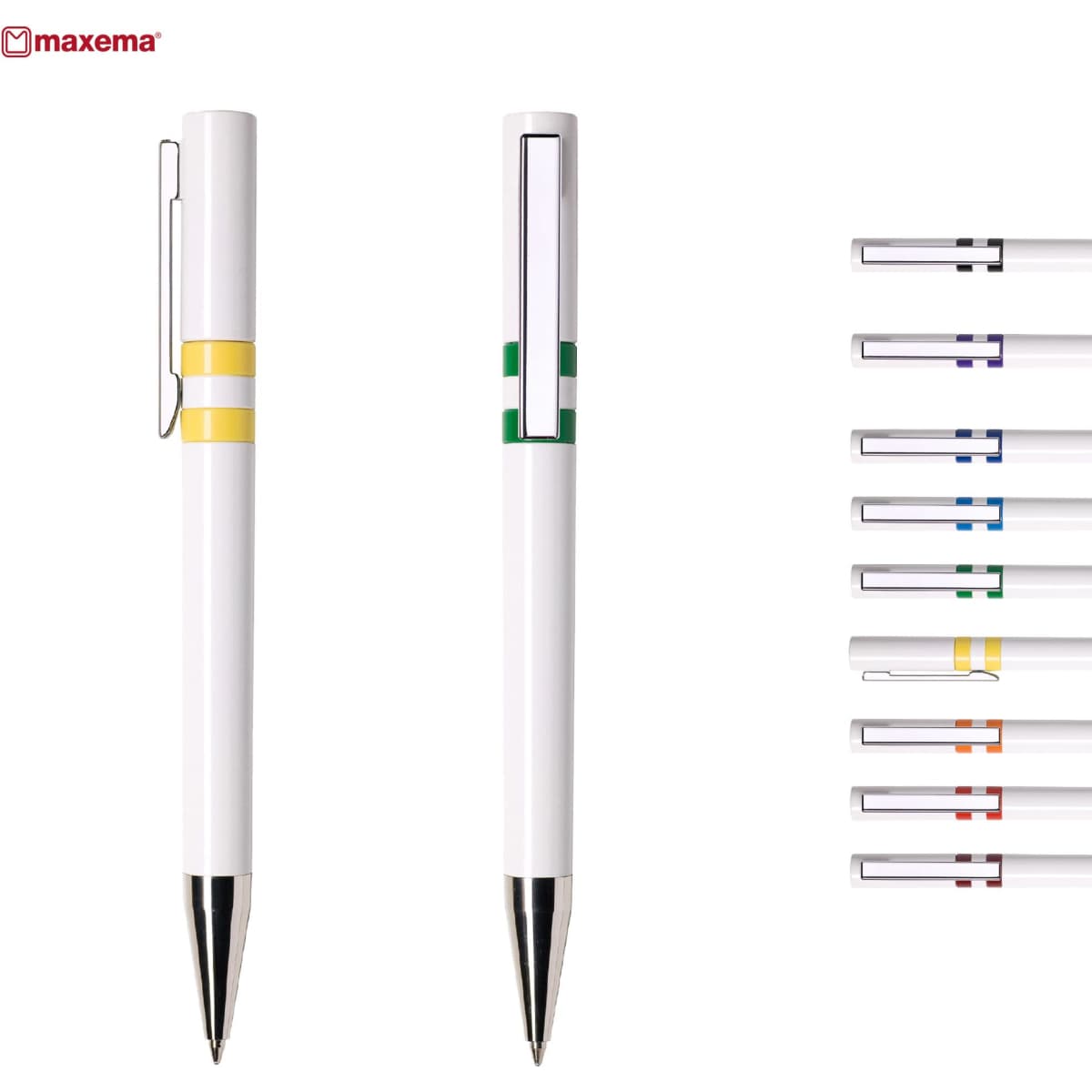 A set of plastic pens in various colours, featuring a white body and a shiny silver tip. One pen includes a yellow and green accent.