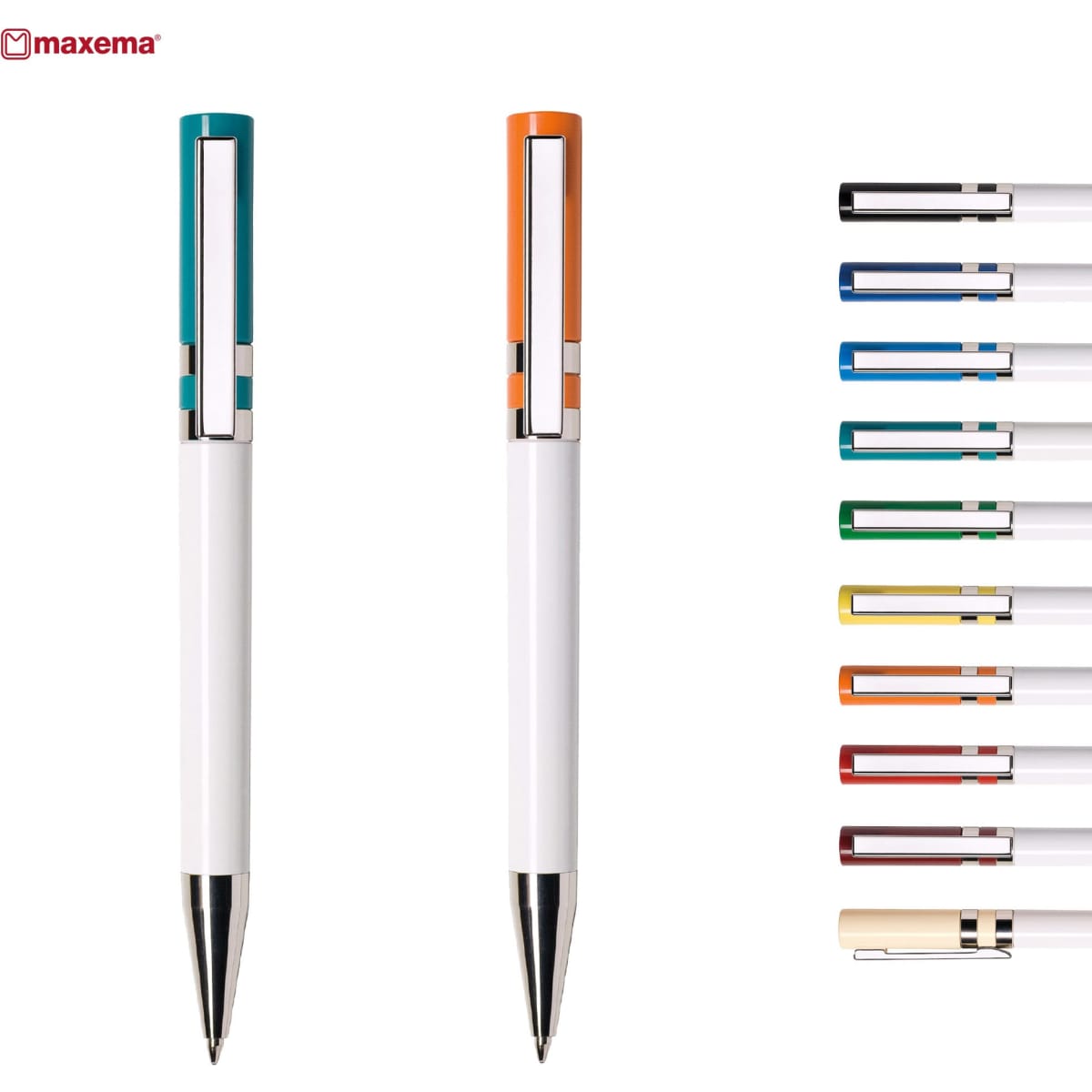 A set of plastic pens in white, featuring turquoise and orange accents, with various ink colours displayed alongside.
