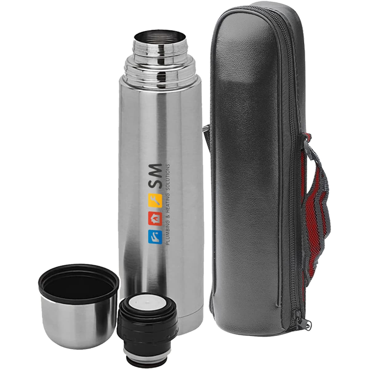 A drink bottle in silver with a black carrying case, featuring a logo and detachable cap and cup.