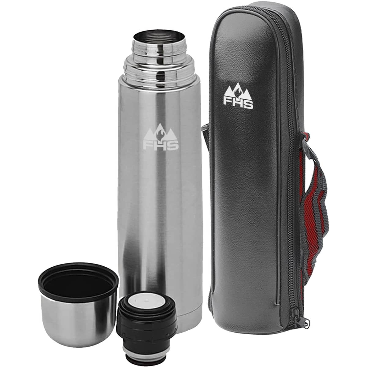 A drink bottle in silver with a stainless steel design, featuring a carrying case and two removable lids.