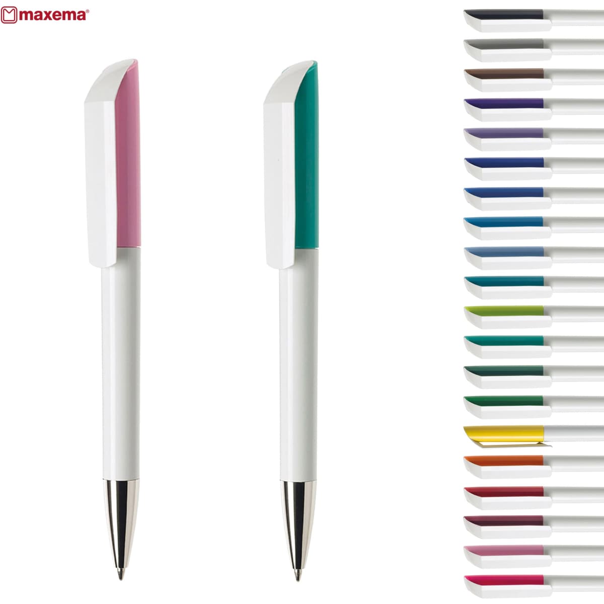 Two plastic pens in pink and teal with white barrels, alongside a selection of ink colours in various shades.