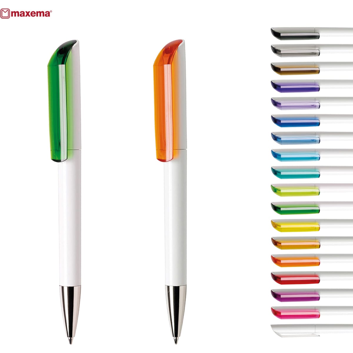 A collection of plastic pens in various colours, featuring two prominent pens with green and orange accents, along with a range of others.