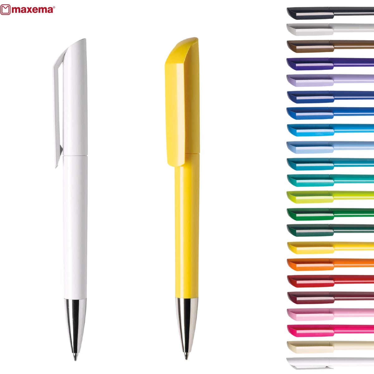 Two plastic pens in white and yellow are displayed, accompanied by a variety of pens in different colours on the right.