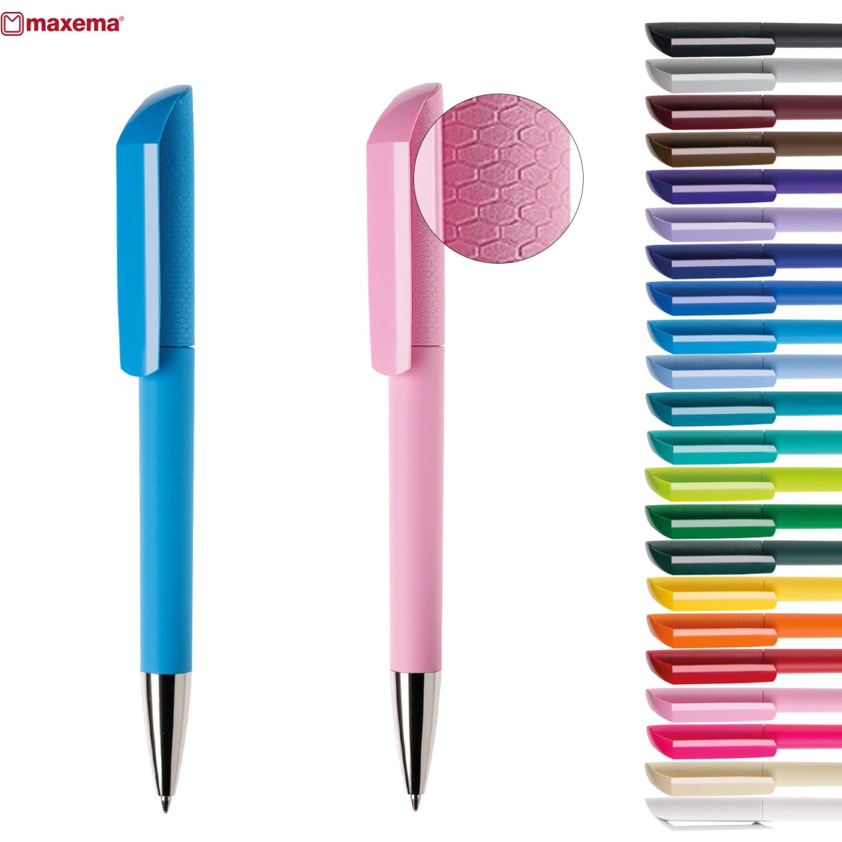 A blue and a pink pen, featuring a textured grip, alongside a range of pens in various colours.