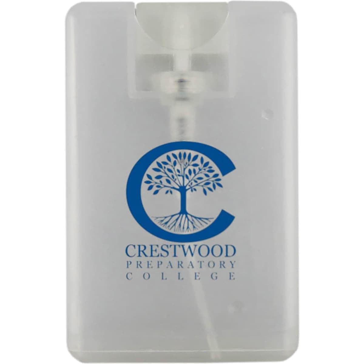 A clear, rectangular hand sanitiser spray card with a nozzle and a logo on the front.