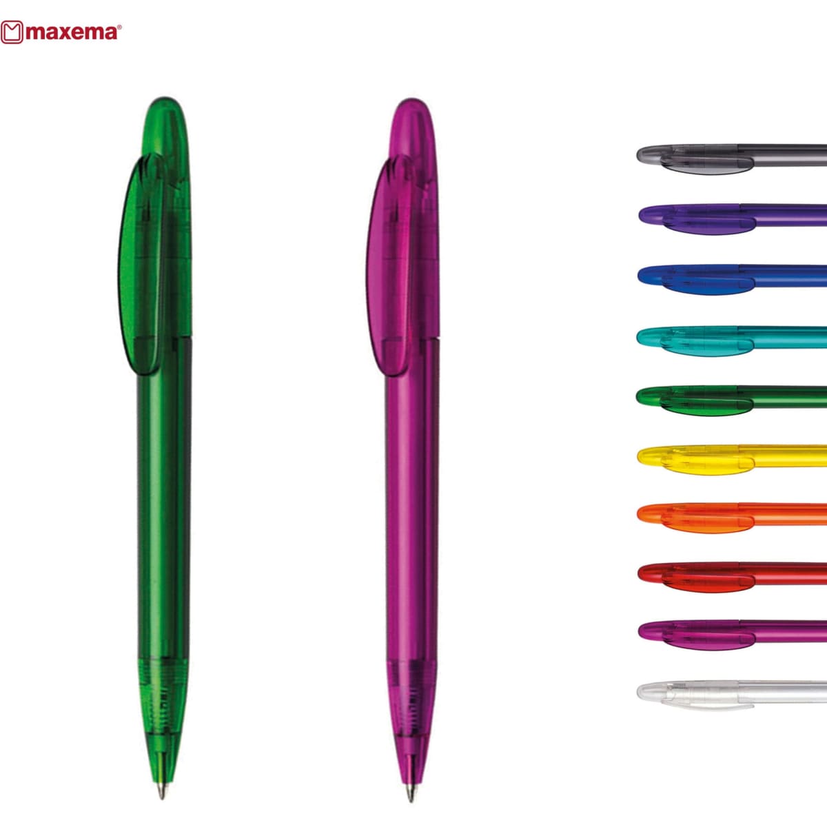 Two plastic pens in green and purple, with a selection of additional pens in various colours lined up beside them.