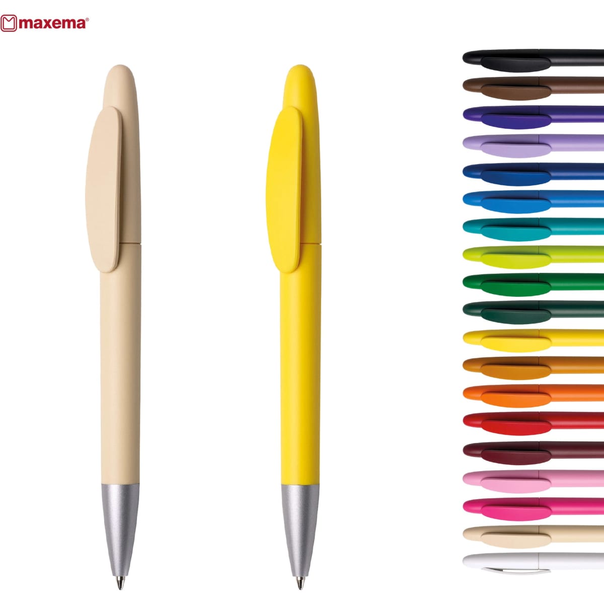 Two plastic pens, one in beige and one in yellow, with a variety of coloured pens displayed on the right. Each has a logo.