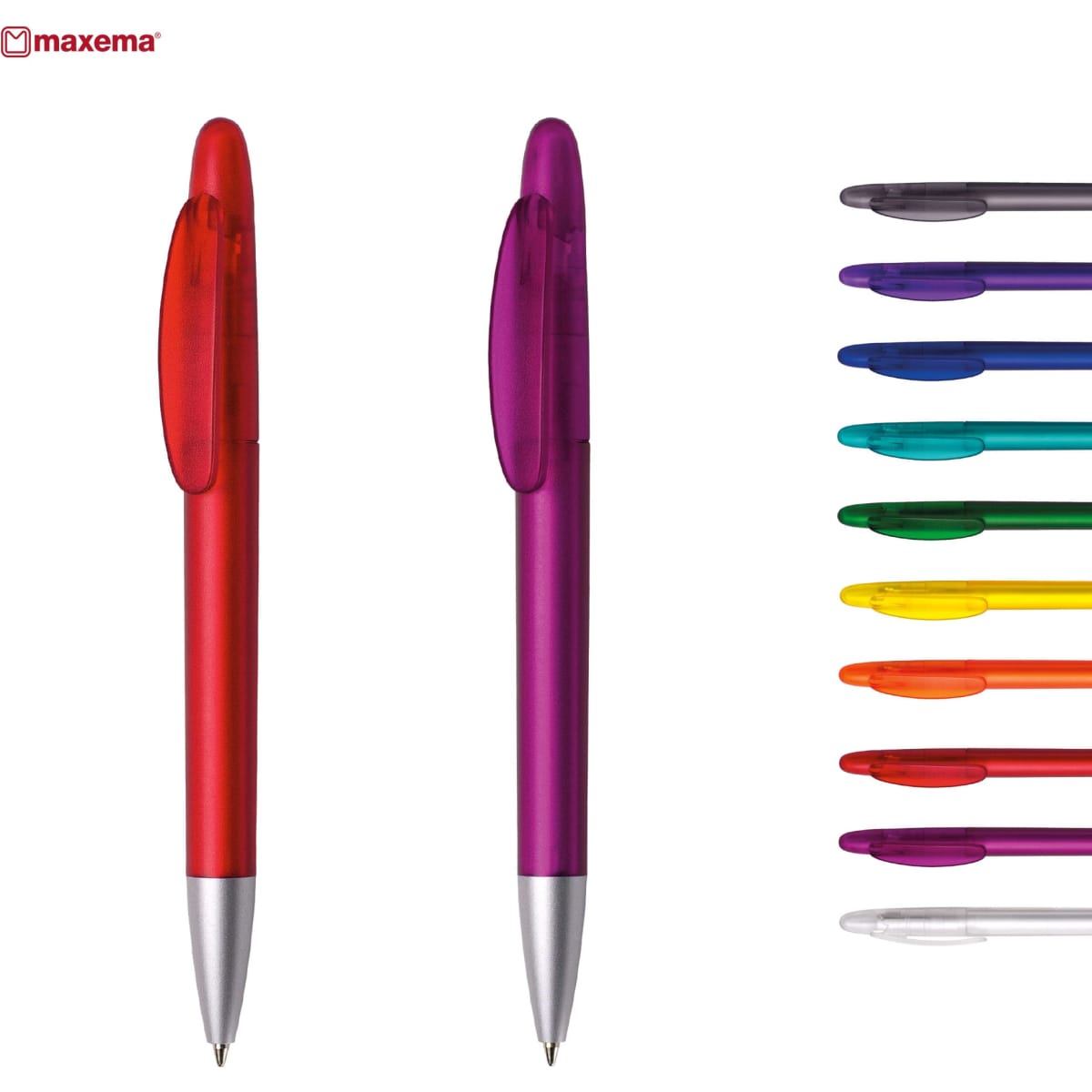 A set of plastic pens in red, purple, and a variety of other colours, featuring silver accents and a logo.