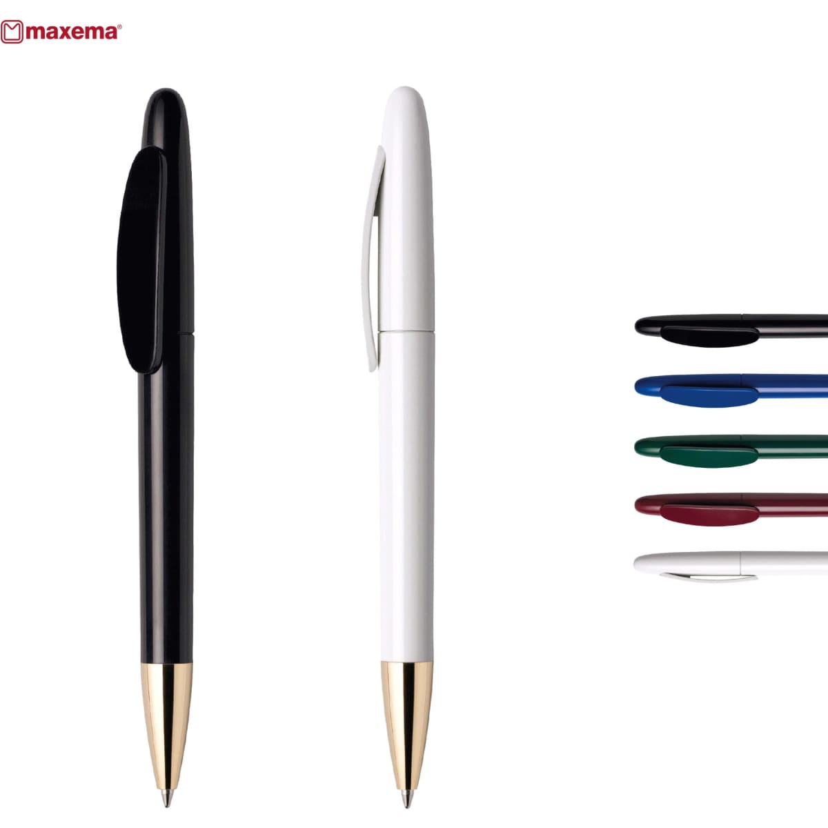 A collection of metal pens in black, white, green, blue, and red, featuring gold accents and a branding logo.